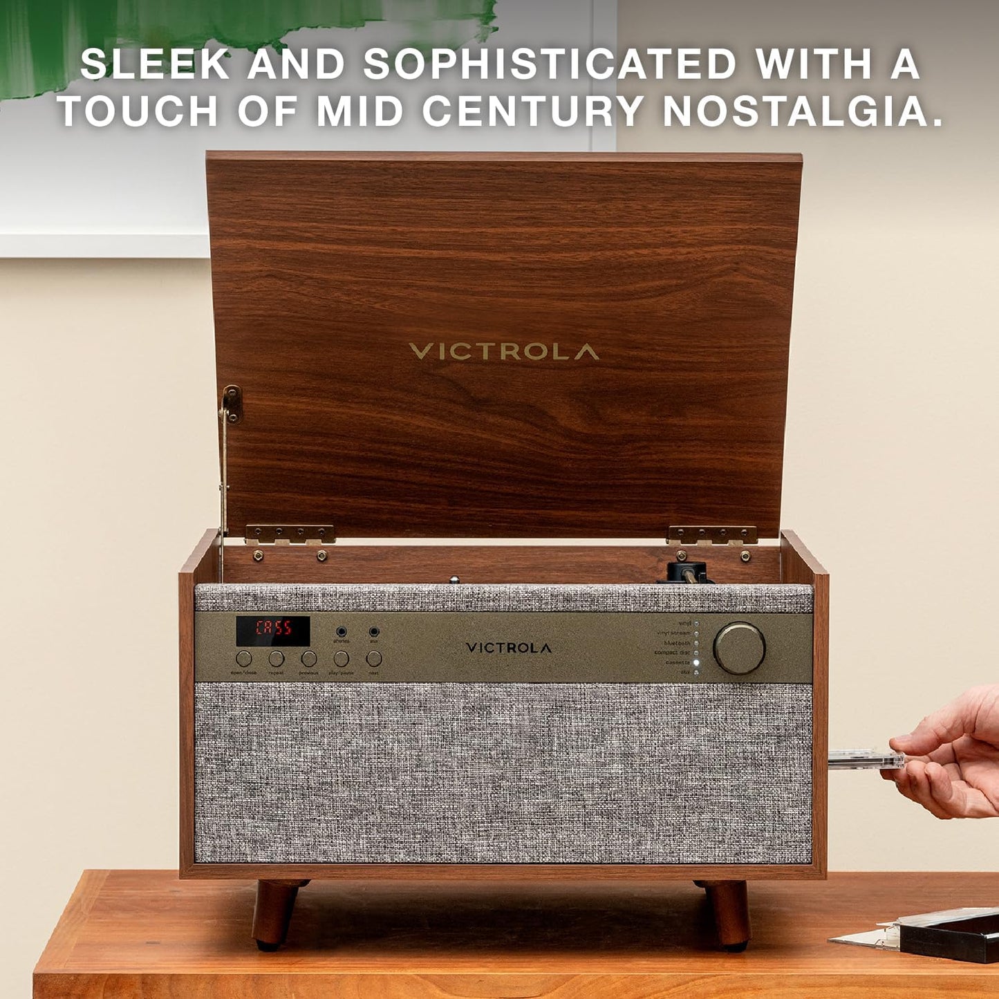 Century 6-In-1 Vinyl Record Player & Music Center – 3-Speed Turntable, CD & Cassette Player, VINYLSTREAM, Bluetooth & 3.5Mm Aux, Record Player with Speakers, Mid Century Design (Walnut)