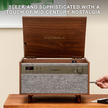 Century 6-In-1 Vinyl Record Player & Music Center – 3-Speed Turntable, CD & Cassette Player, VINYLSTREAM, Bluetooth & 3.5Mm Aux, Record Player with Speakers, Mid Century Design (Walnut)