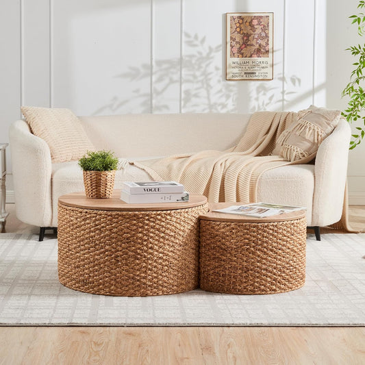 Round Nesting Coffee Table Set of 2 with Storage - Handwoven Wicker Rattan Ottoman Style, Boho Coastal Coffee Tables for Living Room, Rattan Coffee Table with Cover & Soild Wood Frame
