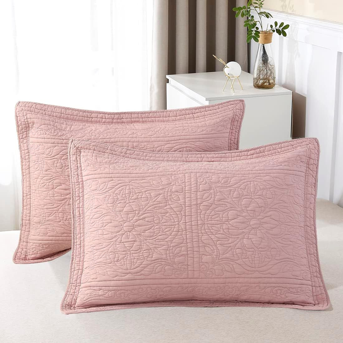 100% Cotton Quilted Pillow Sham Floral Printed Pillow Cover (Standard, Dusty Pink)