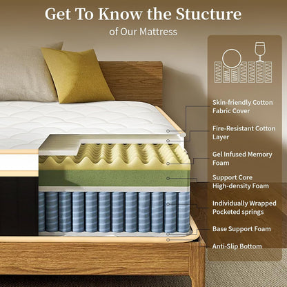 King Size Mattress,14 Inch Hybrid Mattress-Medium Firm Support for Side and Back Sleepers|Pressure-Relieve Memory Foam&Motion-Isolating Pocket Springs for a Quiet Night|Skin-Friendly&Breathable Cotton