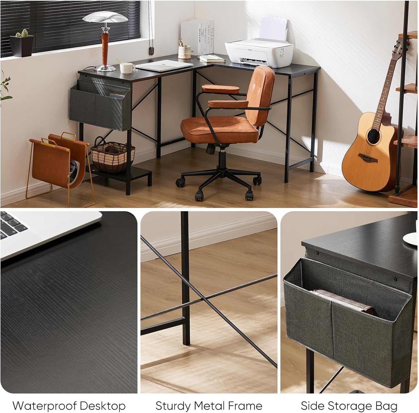 L Shaped Desk - Computer Desk Corner Desks Gaming Desk PC Table with CPU Stand Side Bag for Home Office Dorm Sturdy Writing Workstation, Black, 50-Inch