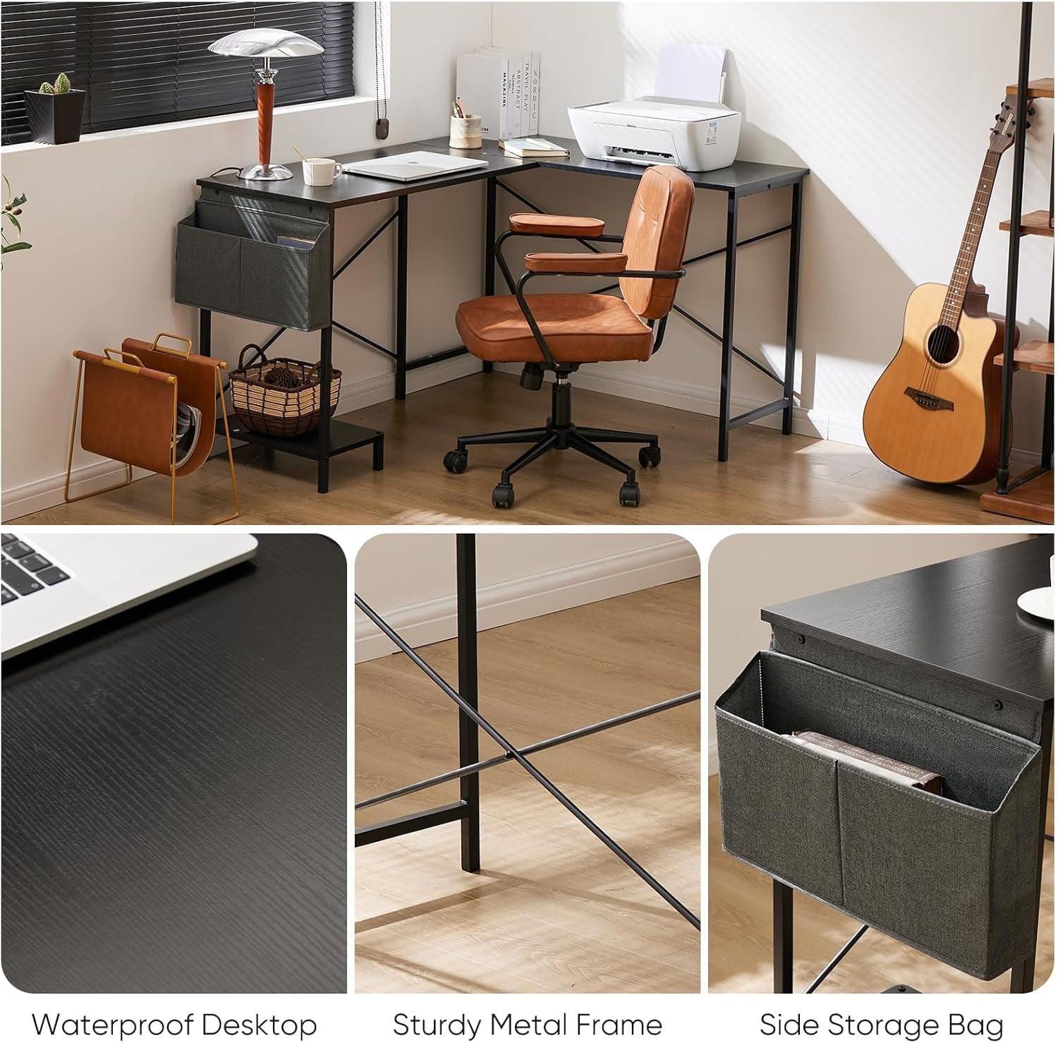 L Shaped Desk - Computer Desk Corner Desks Gaming Desk PC Table with CPU Stand Side Bag for Home Office Dorm Sturdy Writing Workstation, Black, 50-Inch