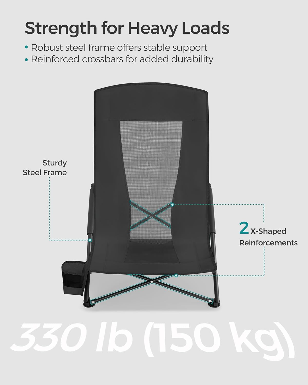 Set of 2 Portable Beach Chairs for Adults, Max. Load 330 Lb Each, High Backrest, Cup Holder, Lightweight, Heavy-Duty, Black UGCB067B01V1