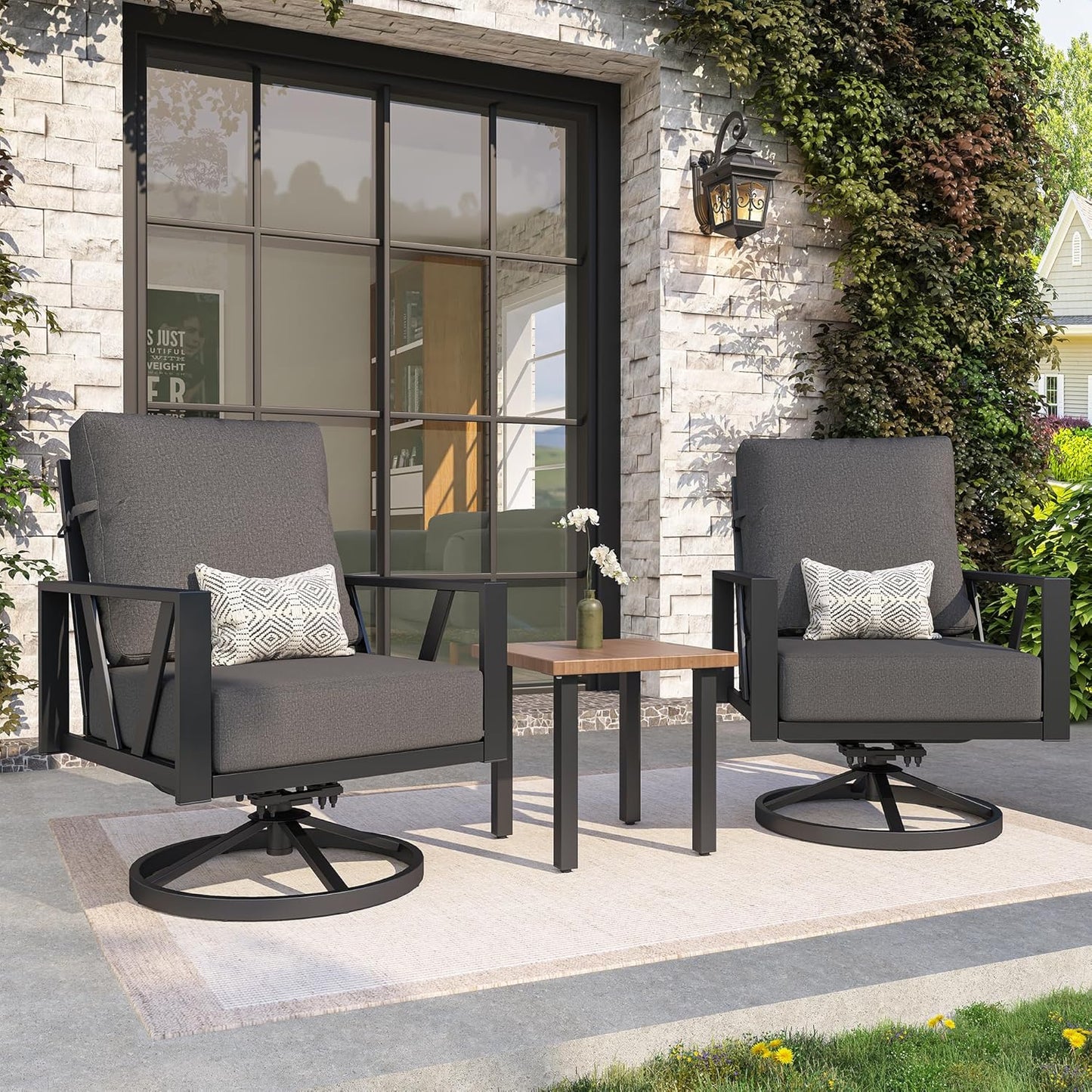 Outdoor Patio Swivel Rocking Chairs Set, Patio Porch Furniture with 6" Thick Cushions, 3 Pieces Outdoor Bistro Set with Coffee Table for Balcony, 350Lbs, Dark Grey