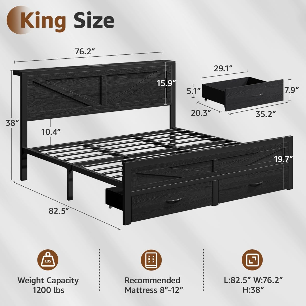 Rustic King Size Bed Frame with Storage Drawers and Barn Door Headboard, Farmhouse LED King Bed Frame with Charging Station, Metal Industrial Platform Bed Frames, No Box Spring Needed, Black