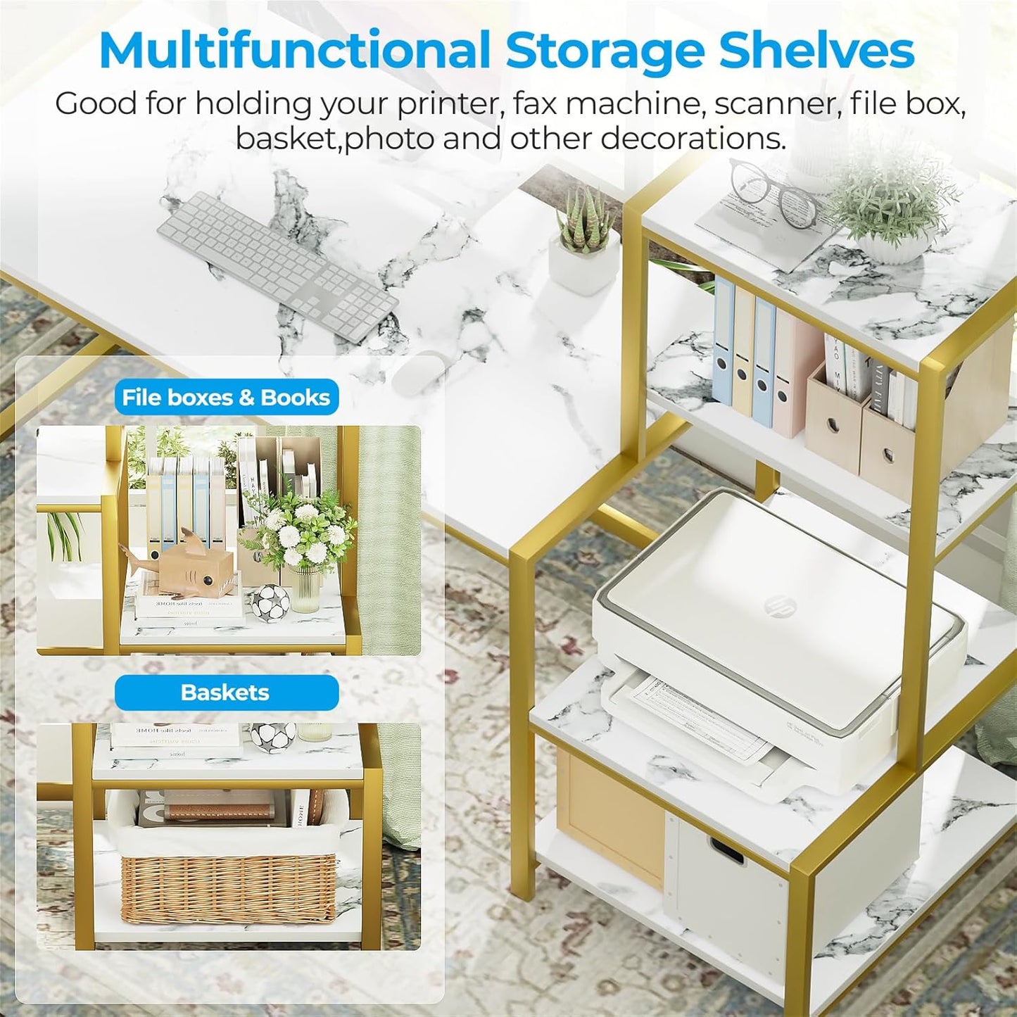 Computer Desk 67 Inch with Printer Shelf, Reversible Office Desk with Monitor Stand and 2 Hooks, Home Desk Workstation for Study Writing Working Gaming, Marble