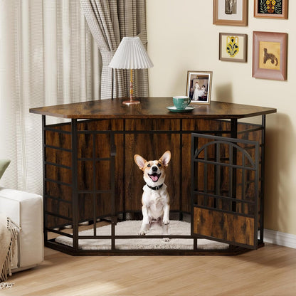 Corner Dog Crate Furniture, 52 Inch Large Dog Kennel Indoor Wooden End Table, Modern Dog Cage Decorative Pet House TV Stand for Medium Large Dogs,Grey