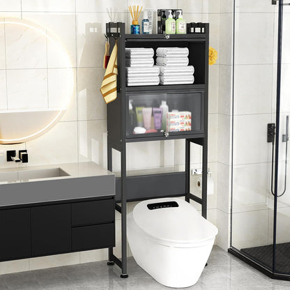 over the Toilet Storage Cabinet,3-Tier,Bathroom Toilet Organizer,Waterproof, Cabinet Door Design,Freestanding Space Saver with 4 Hooks for Bathroom,Black