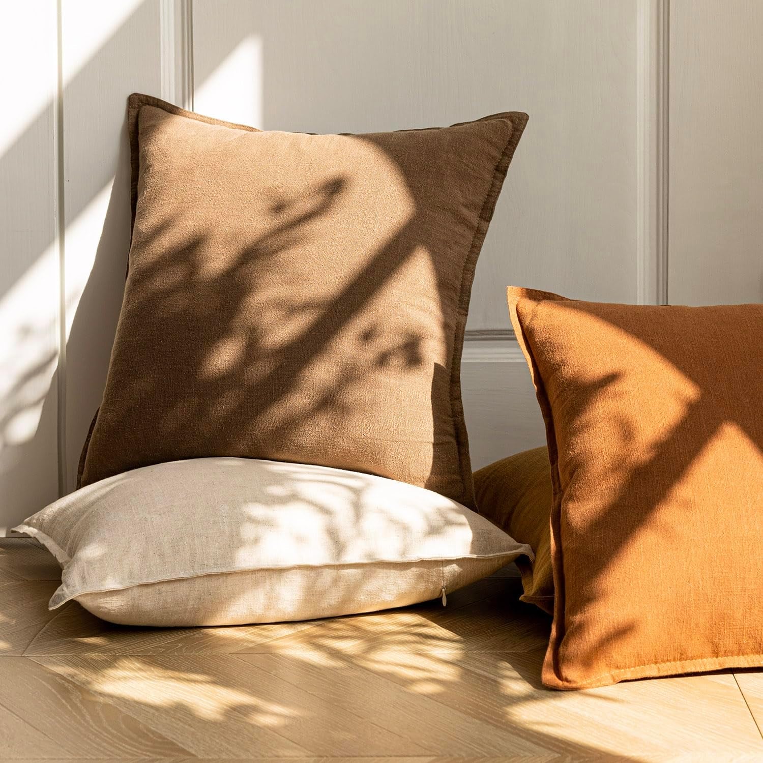 Pack of 2, Decorative Linen Soild Throw Pillow Covers Soft Accent Cushion Case Boho Farmhouse Neutral Pillowcase for Chair Couch Sofa Bedroom Living Room Home Decor 20 X 20 Inch Light Brown