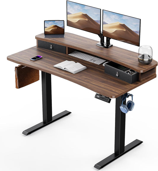 48″ X 24″ Electric Standing Desk with 2 Drawers, C-Clamp Mount Compatible, Height Adjustable Computer Desk, Home Office Stand up Desk with 4 Preset Heights & 2 Hooks, Walnut