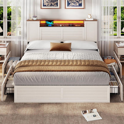 Farmhouse Queen Bed Frame with Headboard and Double Barn Door Storage Cabinets, Rustic Wooden Bed Frame Queen Size with Charging Station, 4 Drawers and LED Lights, No Box Spring Needed, White