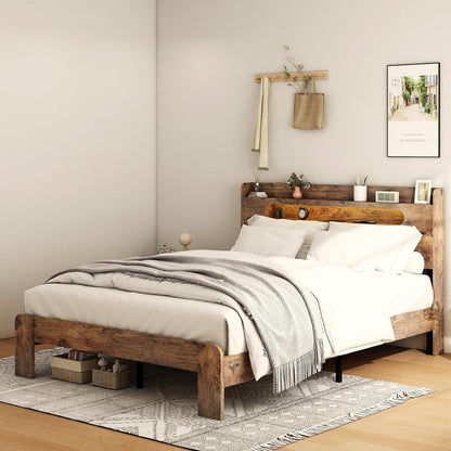 Wooden Queen Size Bed Frame with Storage Headboard, Rustic Farmhouse Platform Bed Frame Queen with Charging Station & LED Lights, 12 Wood Slats Support, No Box Spring Needed,Dark Brown