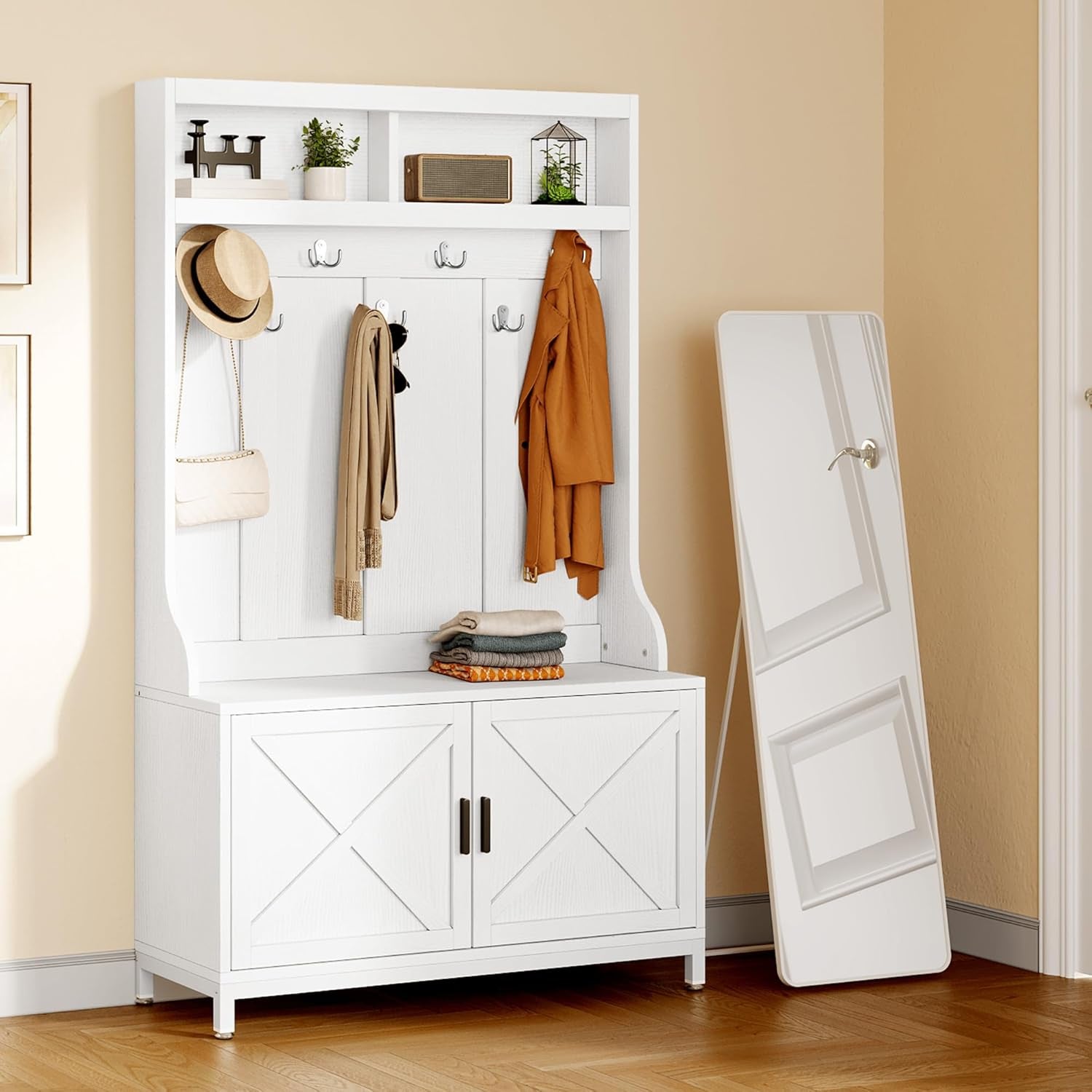 Hall Tree with Shoe Storage Bench for Entryway, 4-In-1 Coat Rack with Bench, Entrance Organizer, Hall Tree with Adjustable Shoe Storage and Hanging Hooks, White