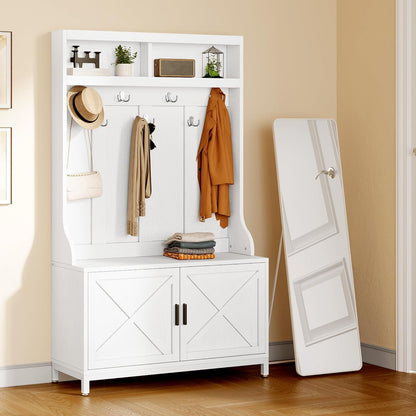 Hall Tree with Shoe Storage Bench for Entryway, 4-In-1 Coat Rack with Bench, Entrance Organizer, Hall Tree with Adjustable Shoe Storage and Hanging Hooks, White