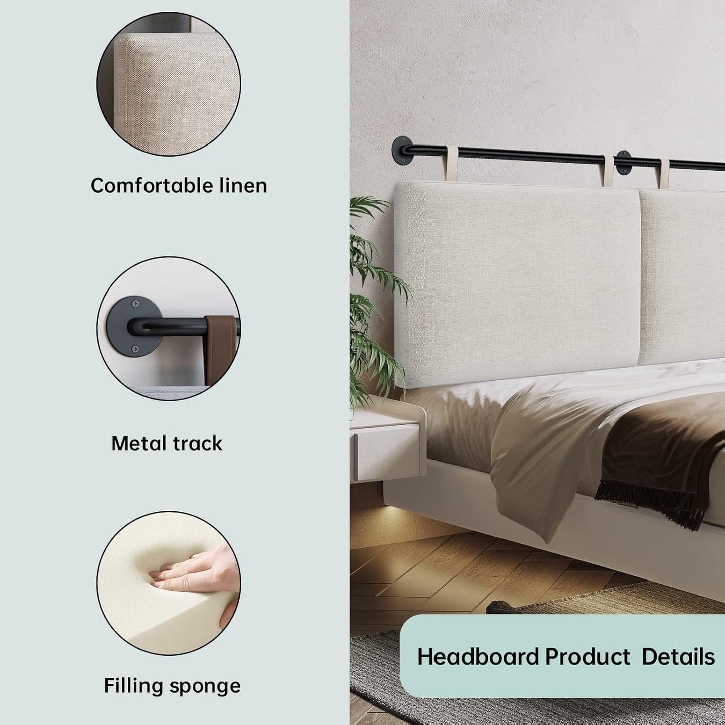 Headboards Queen Size Bed Headboard Wall Mounted Headboards for Bed with Linen Upholstery Cabeceras De Cama Hanging Headboard for Bedroom (Beige, Queen)