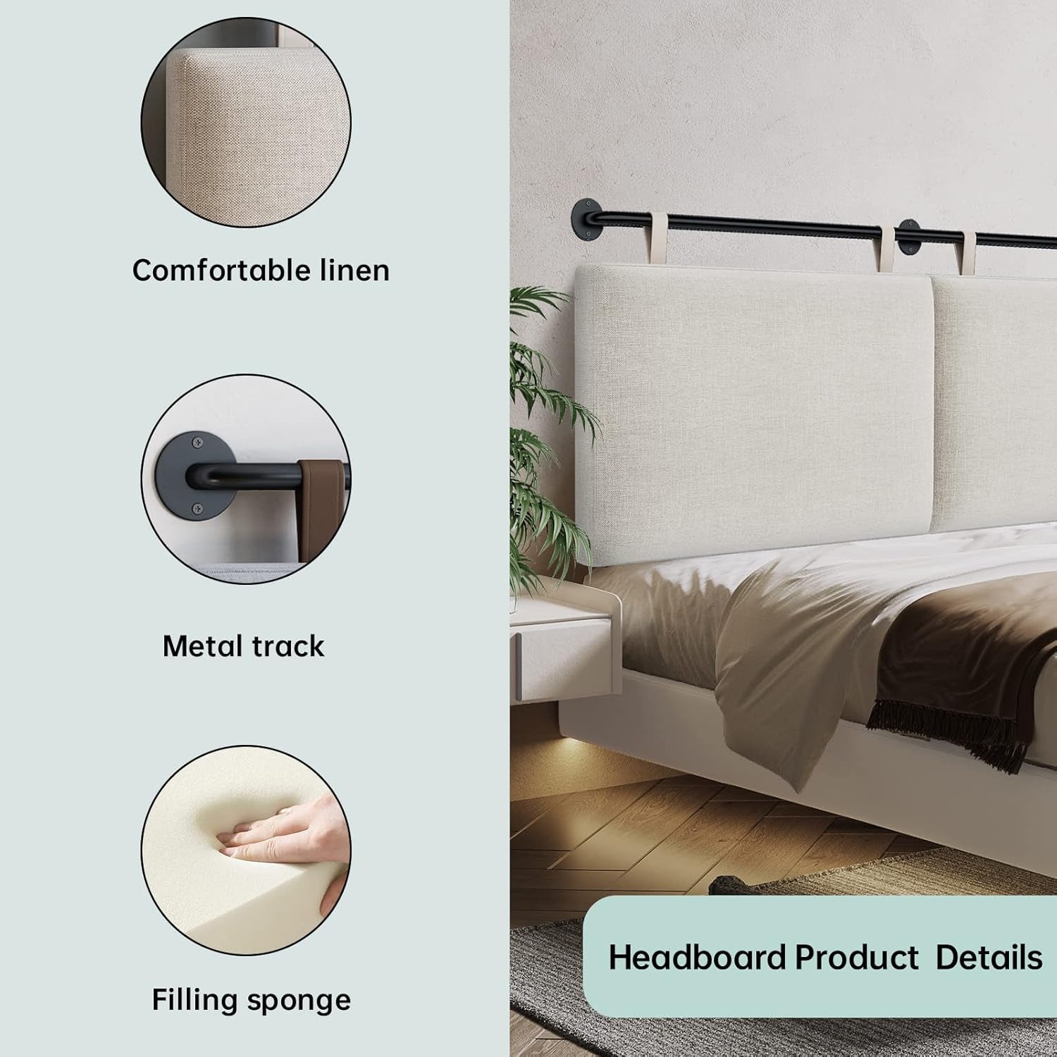 Headboards Queen Size Bed Headboard Wall Mounted Headboards for Bed with Linen Upholstery Cabeceras De Cama Hanging Headboard for Bedroom (Beige, Queen)