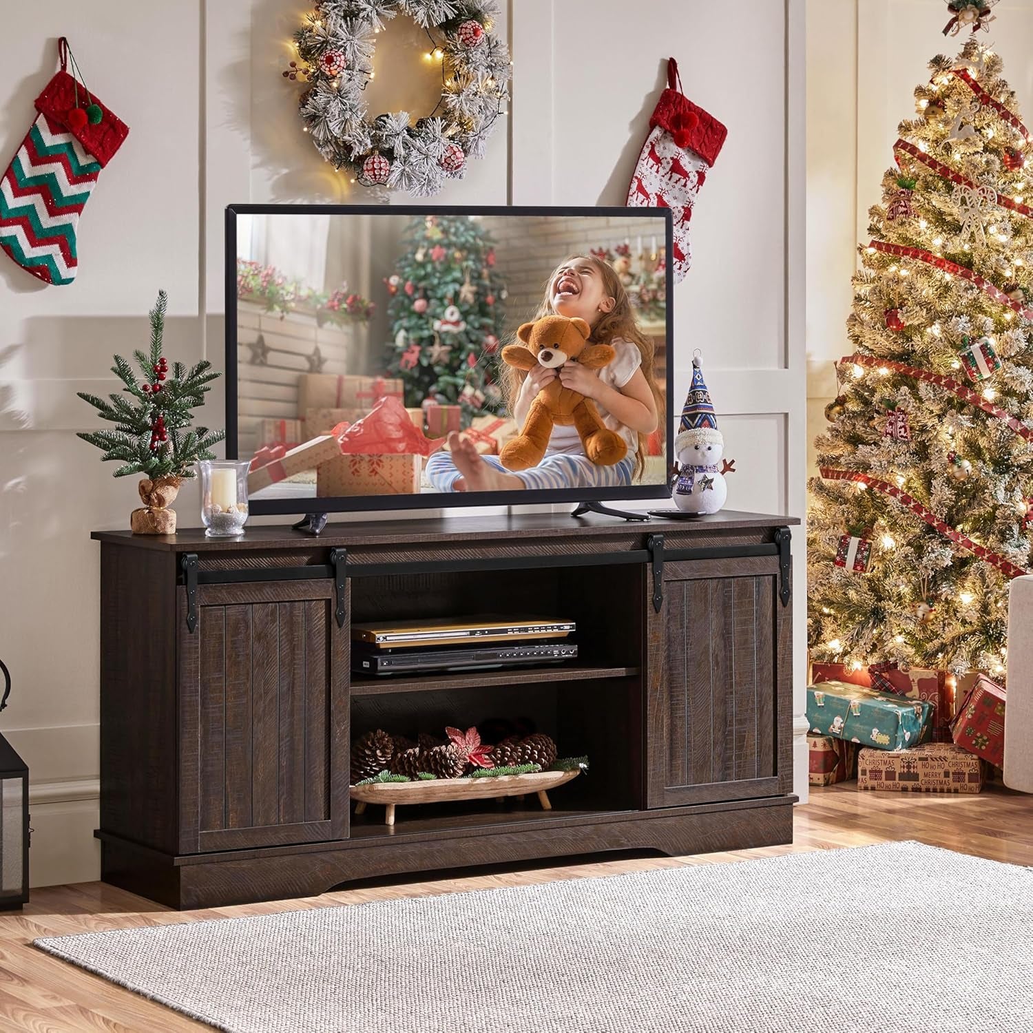 TV Stand for Tvs up to 65 Inch, Farmhouse Media Entertainment Center, 58'' TV Console Table with Adjustable Shelves & Sliding Barn Doors for Living Room, Dark Walnut