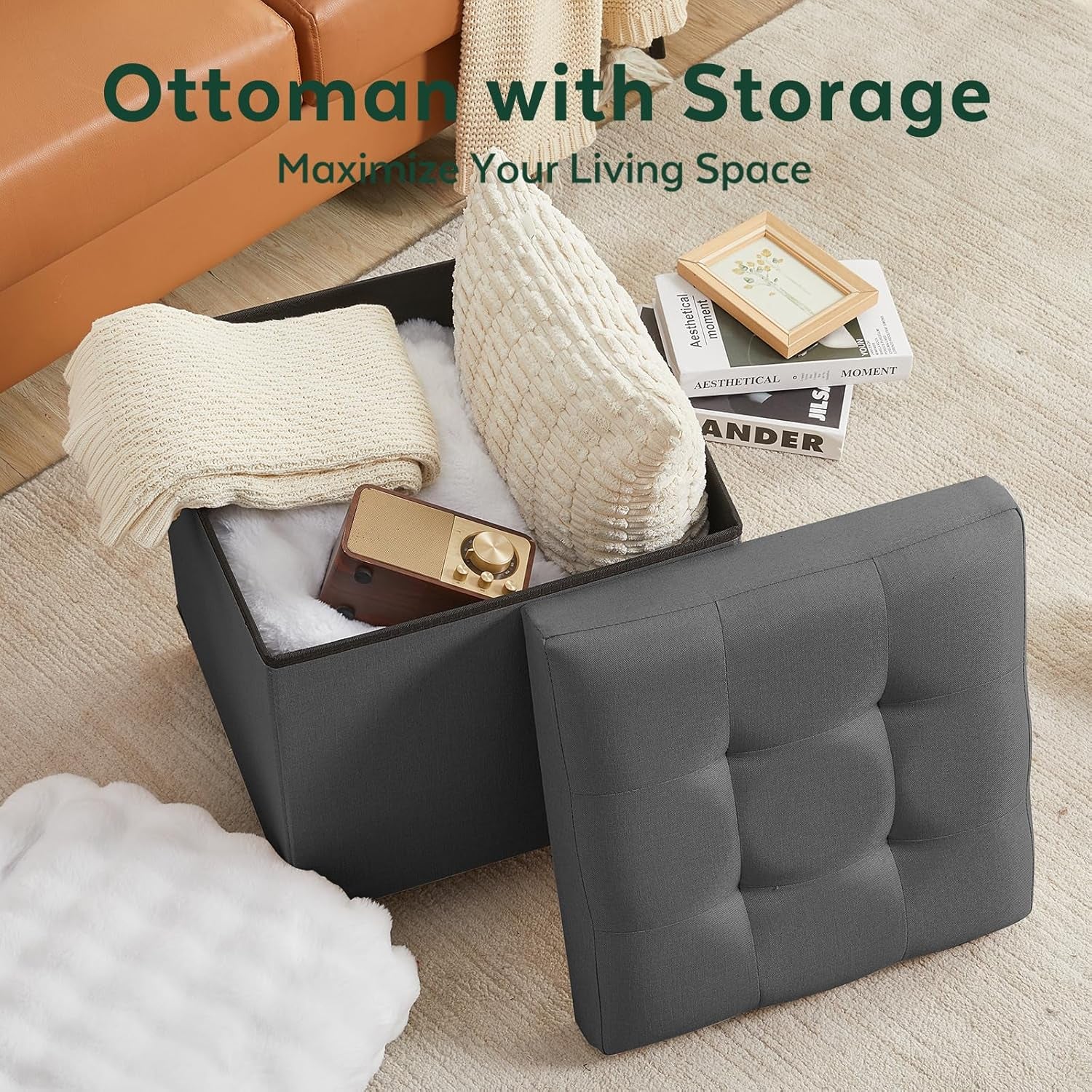 17.7" Square Ottoman with Storage, Storage Ottoman Foot Stool with Lid & Solid Wood Legs, Linen Ottomans for Living Room, Bedroom, Dorm, Gray