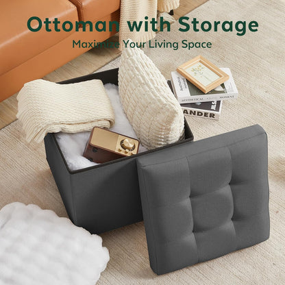 17.7" Square Ottoman with Storage, Storage Ottoman Foot Stool with Lid & Solid Wood Legs, Linen Ottomans for Living Room, Bedroom, Dorm, Blue
