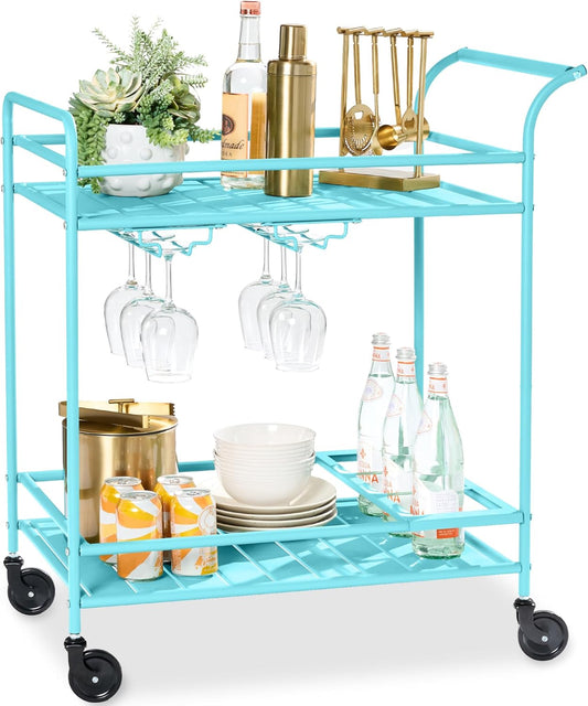 Rolling Bar Cart, Mobile Home Bar Serving Cart, Serving Station W/ 2 Tier Shelves, Wine Rack, Lockable Wheels - Teal