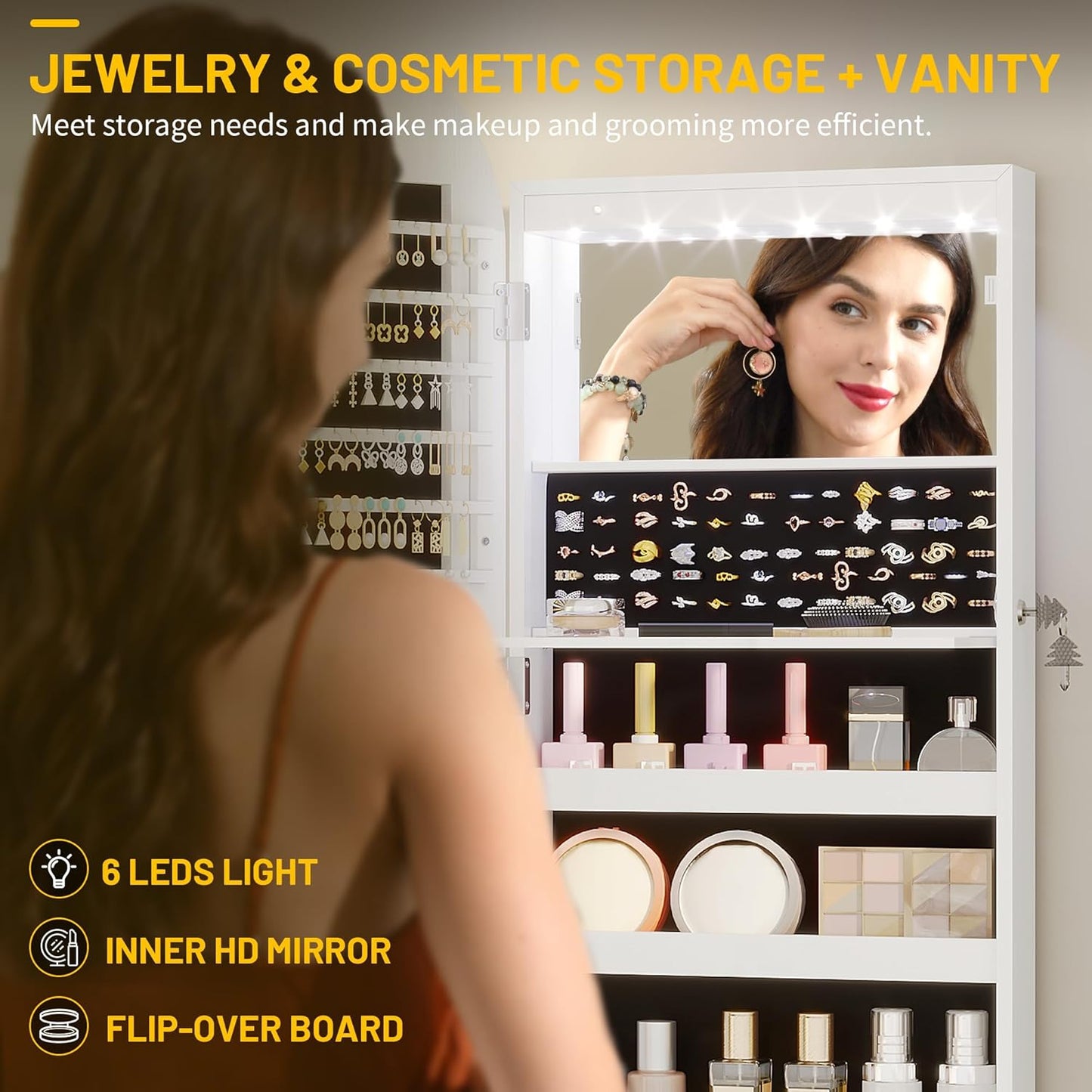 LED Lights Mirror Jewelry Cabinet, Wall Mount/Over the Door Jewelry Armoire Organizer, 42" Full Length Mirror with Storage, Built-In Makeup Mirror, Lockable Mirror Cabinet for Jewelry, White