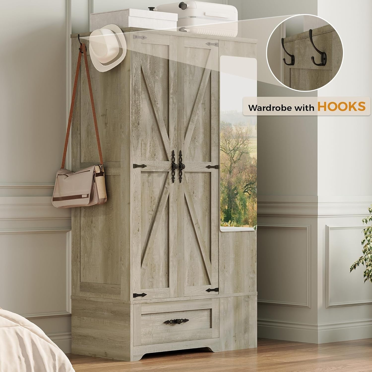 Armoire Wardrobe Closet with Mirror, 70" H Wooden Bedroom Armoires and Wardrobes with 2 Doors, 5 Shelves，Hooks and Drawer, Clothing Storage Cabinet with Hanging Rod, Rustic Maple