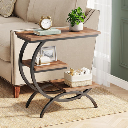C-Shaped End Table, Industrial 3-Tier Small Side Table for Couch, Wood Bedside Table Snack Side Table with Storage Shelves for Living Room Small Space, Rustic Brown