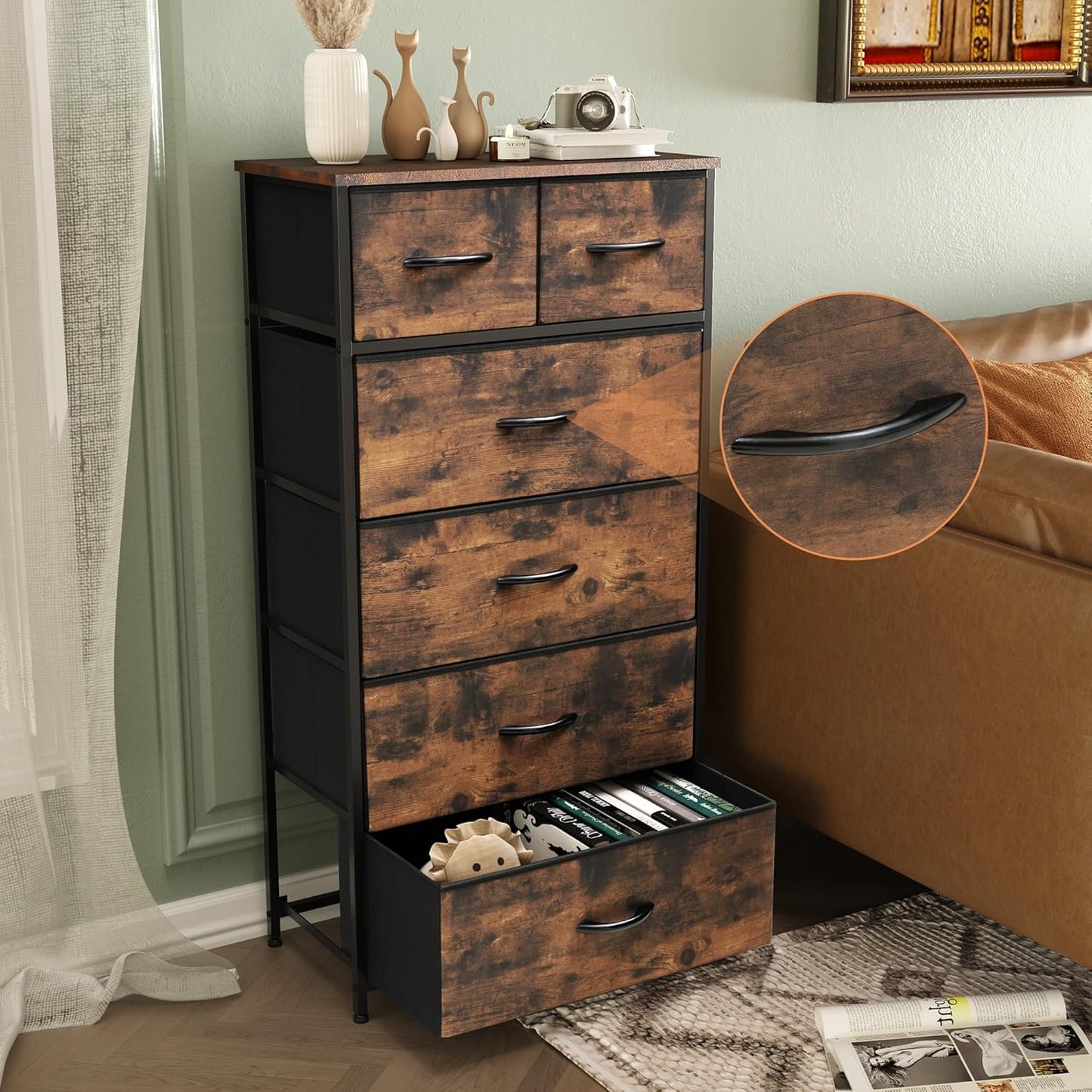 Fabric Dresser for Bedroom, Tall Skinny Dresser with 6 Drawers, Storage Organizer Tower, Steel Frame Wooden Top for Closet, Living Room, Hallway(Rustic Brown)