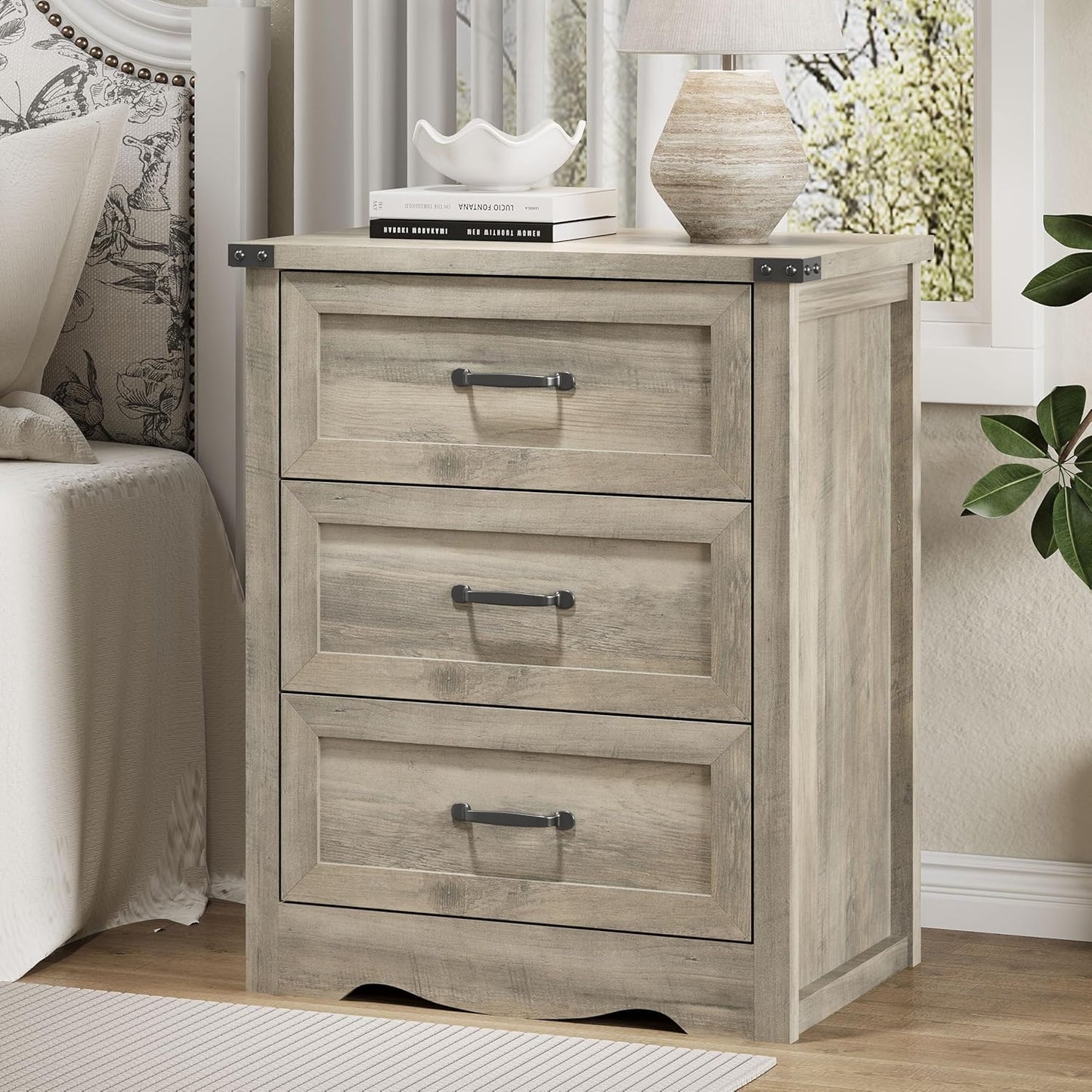 Nightstand with 3 Drawers, 24" Wide Farmhouse Bedside End Table, Rustic Wood Side Table Night Stand with Mental Handle, Tall Modern Small Dresser Chest of Drawers for Bedroom, Living Room, Dorm, Grey