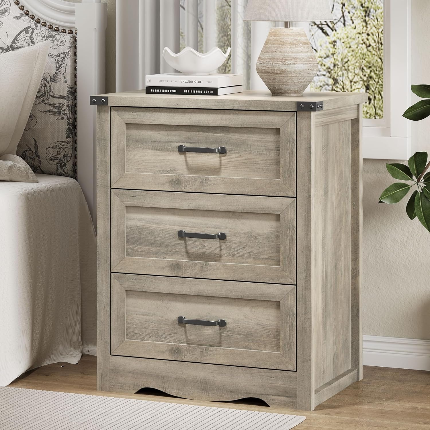 Nightstand with 3 Drawers, 24" Wide Farmhouse Bedside End Table, Rustic Wood Side Table Night Stand with Mental Handle, Tall Modern Small Dresser Chest of Drawers for Bedroom, Living Room, Dorm, Grey