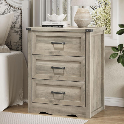 Nightstand with 3 Drawers, 24" Wide Farmhouse Bedside End Table, Rustic Wood Side Table Night Stand with Mental Handle, Tall Modern Small Dresser Chest of Drawers for Bedroom, Living Room, Dorm, Grey