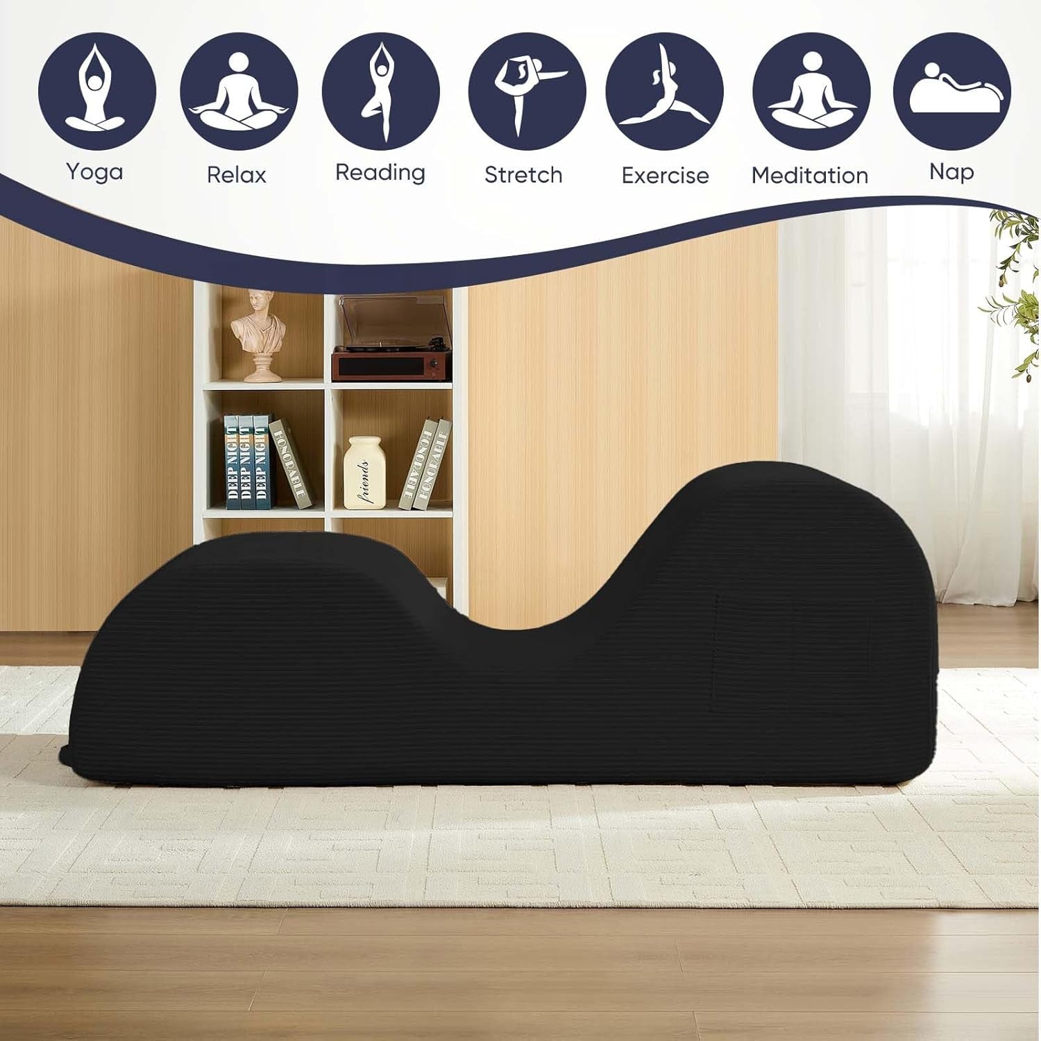 25" Wide Corduroy Yoga Chair, Yoga Lounge Chair for Adults, Chaise Lounge Chair Indoor/Yoga Lounger with Headrest, Waist Cushion, Movable Footrest, Side Pockets, High Density Sponge-Black