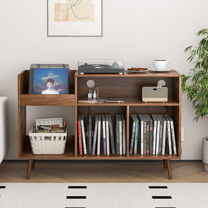 Record Player Stand with Charging Station & USB Ports, Mid-Century Turntable Stand Table Holds up to 300 Albums, Vinyl Record Storage Cabinet with Wood Legs for Living Room Office(Walnut)