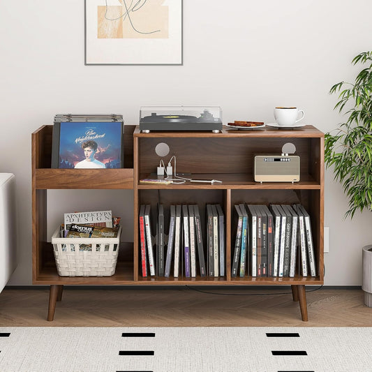 Record Player Stand with Charging Station & USB Ports, Mid-Century Turntable Stand Table Holds up to 300 Albums, Vinyl Record Storage Cabinet with Wood Legs for Living Room Office(Walnut)