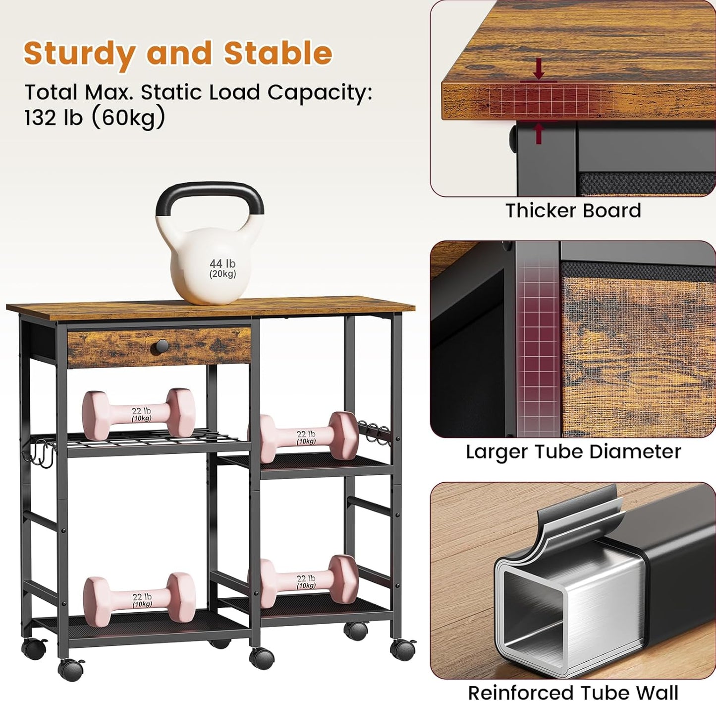Microwave Stand, 6-Tier Microwave Cart with Wheels & Adjustable Shelf, Coffee Bar Table Station, Rolling Storage Cart Organizer Shelf for Living Room, Kitchen Island, Office, Rustic Brown