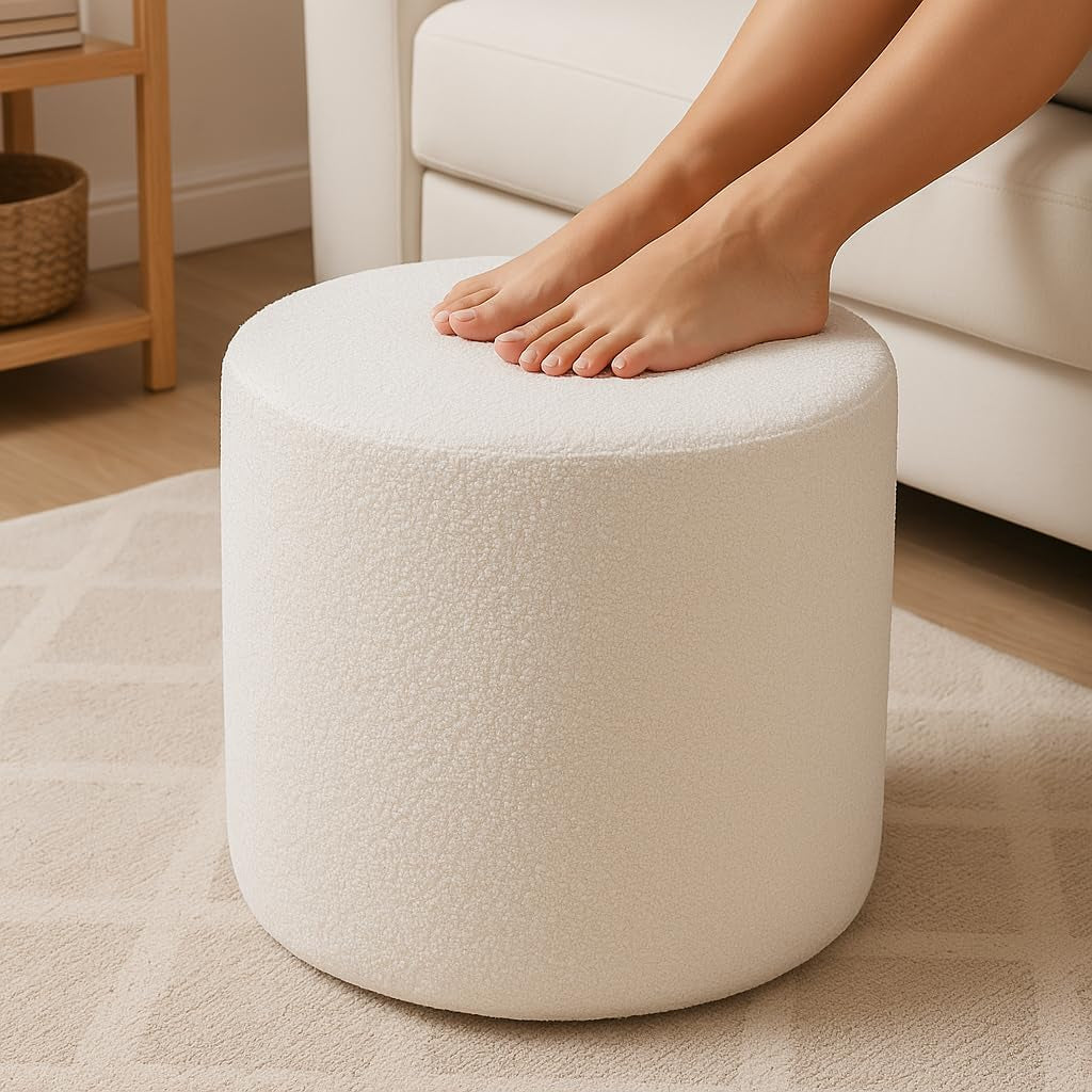 Round Pouf Ottoman and Foot Rest, Soft Boucle Footstool Ottomans for Living Room, Comfort Sponge Stuffed Poofs for Couch Desk Resting Your Feet, White(17.1" D X 17.1" W X 14" H)