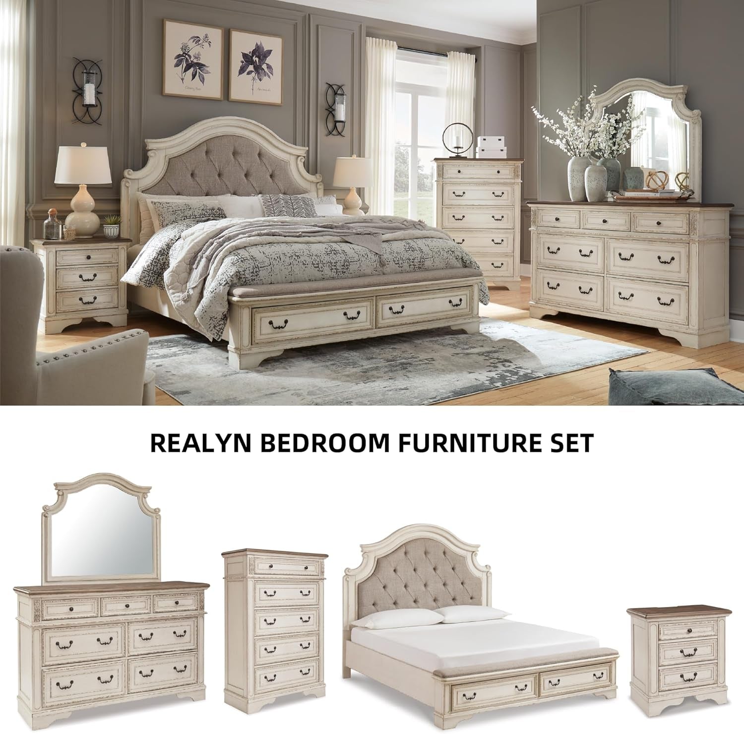 Realyn French Country 3 Drawer Nightstand with Electrical Outlets & USB Ports, 27.75" Tall, Chipped White