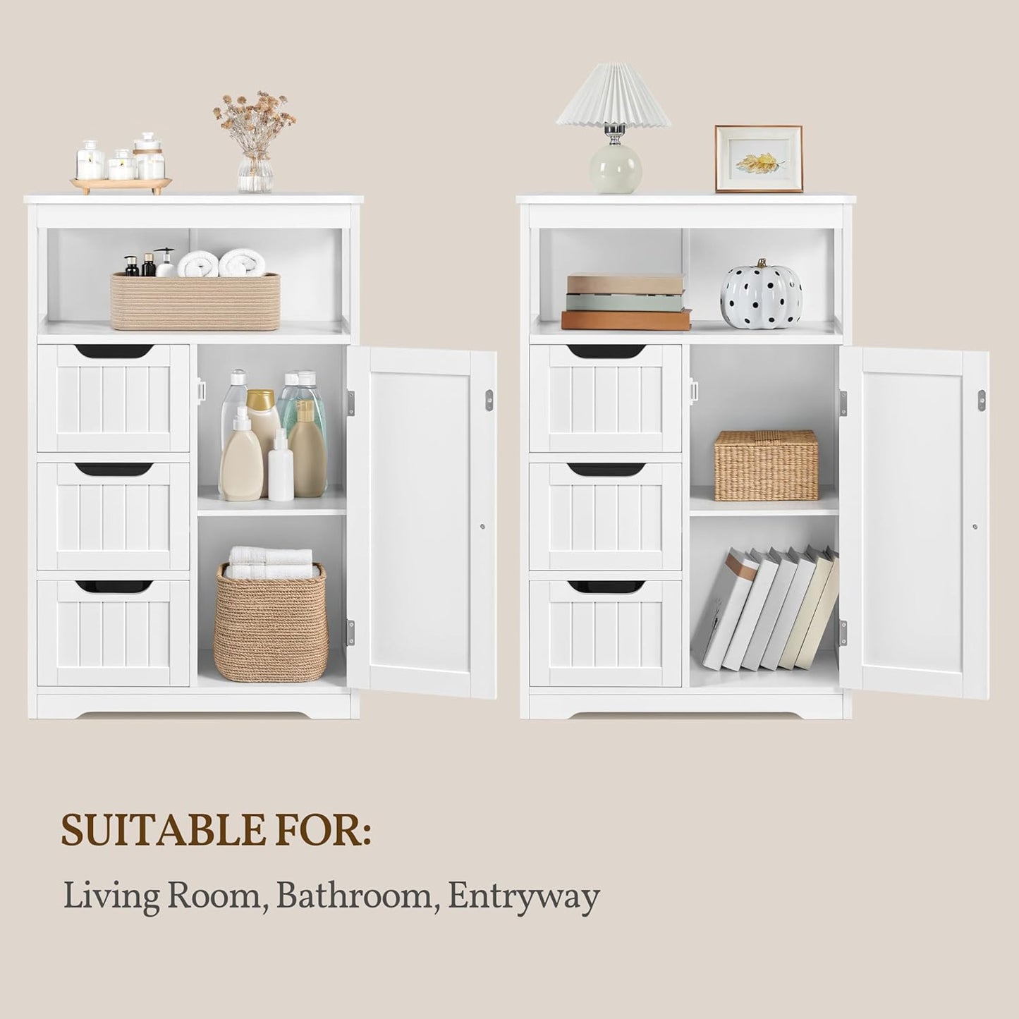 Bathroom Floor Cabinet Wooden Storage Organizer with 1 Door and 3 Drawers, Free-Standing Cupboard for Kitchen/Living Room/Bathroom Use, White