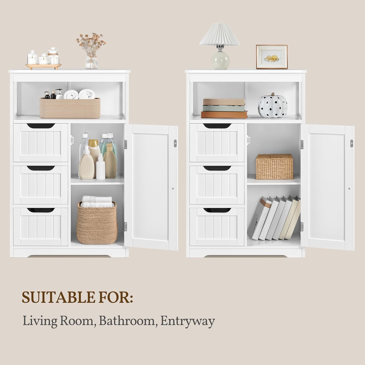 Bathroom Floor Cabinet Wooden Storage Organizer with 1 Door and 3 Drawers, Free-Standing Cupboard for Kitchen/Living Room/Bathroom Use, White