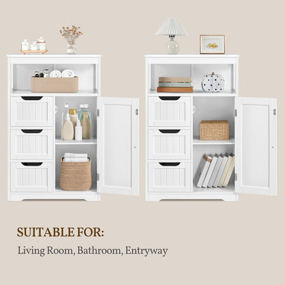 Bathroom Floor Cabinet Wooden Storage Organizer with 1 Door and 3 Drawers, Free-Standing Cupboard for Kitchen/Living Room/Bathroom Use, White