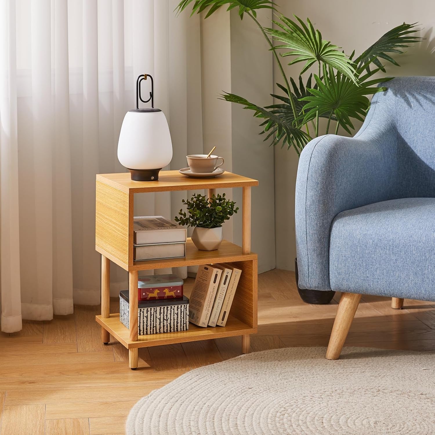 Wooden Night Stand with Open Shelf, Nightstand with Solid Wood Legs, S-Shaped Bed Side Table 3 Tier, End Table Natural Wood YD-TM152N