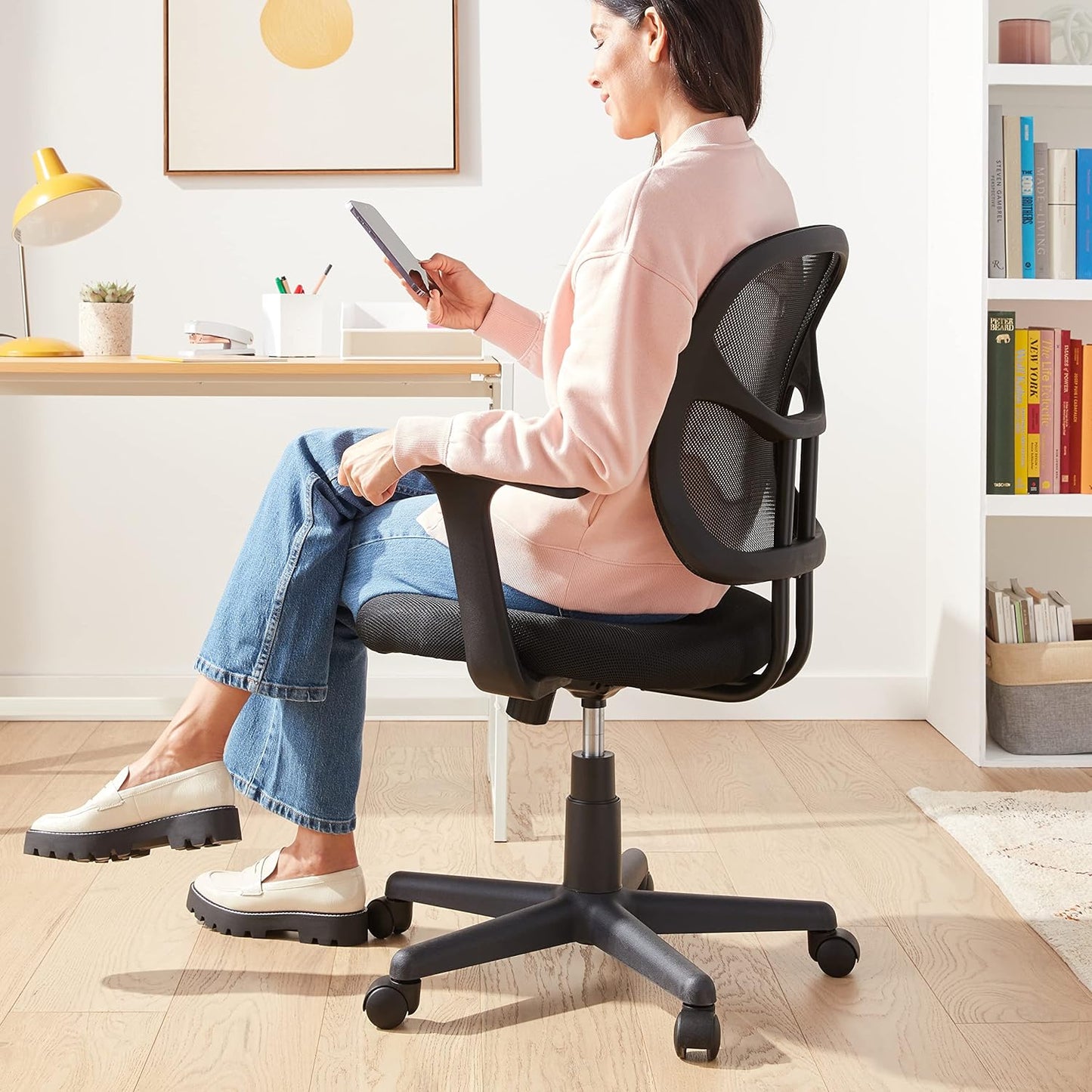 Mesh Mid-Back Adjustable-Height 360-Degree Swivel Office Desk Chair with Armrests, Lumbar Support and Easy to Assemble, Black
