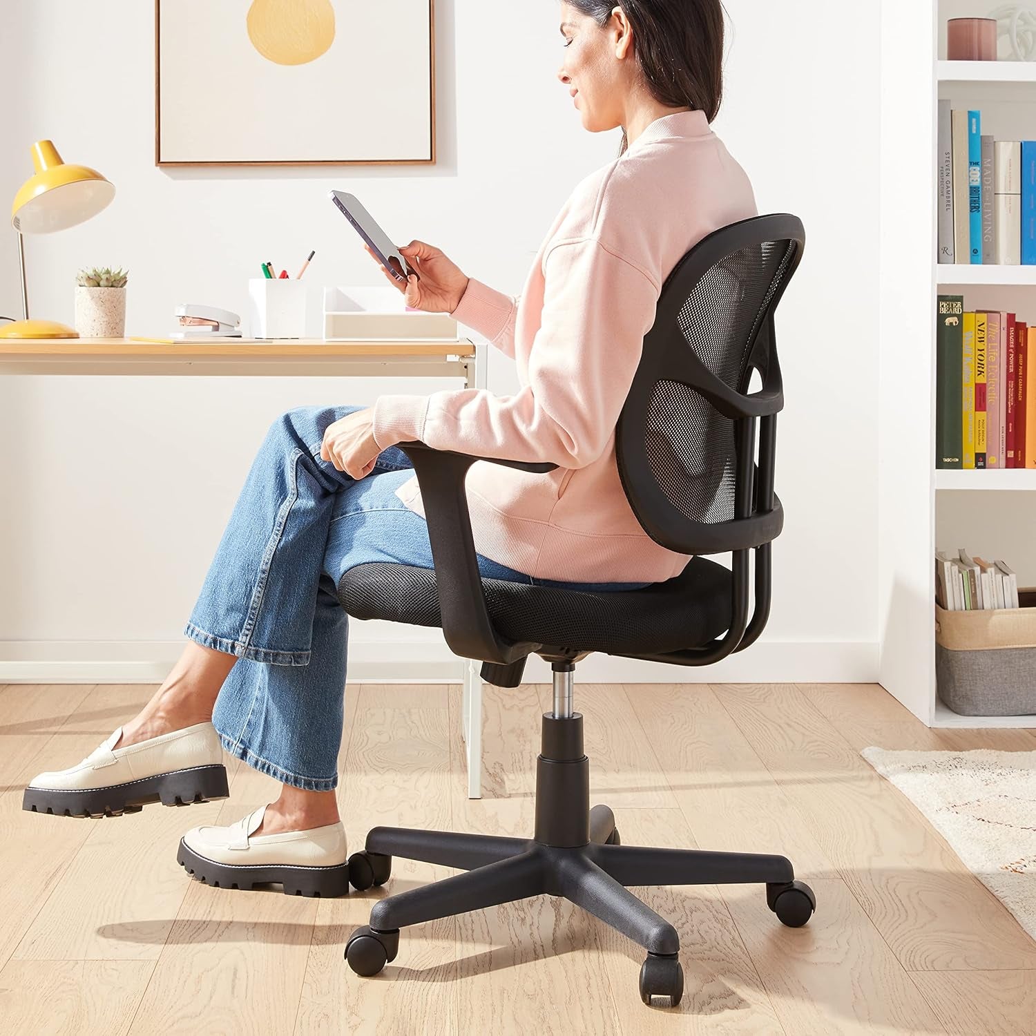 Mesh Mid-Back Adjustable-Height 360-Degree Swivel Office Desk Chair with Armrests, Lumbar Support and Easy to Assemble, Black