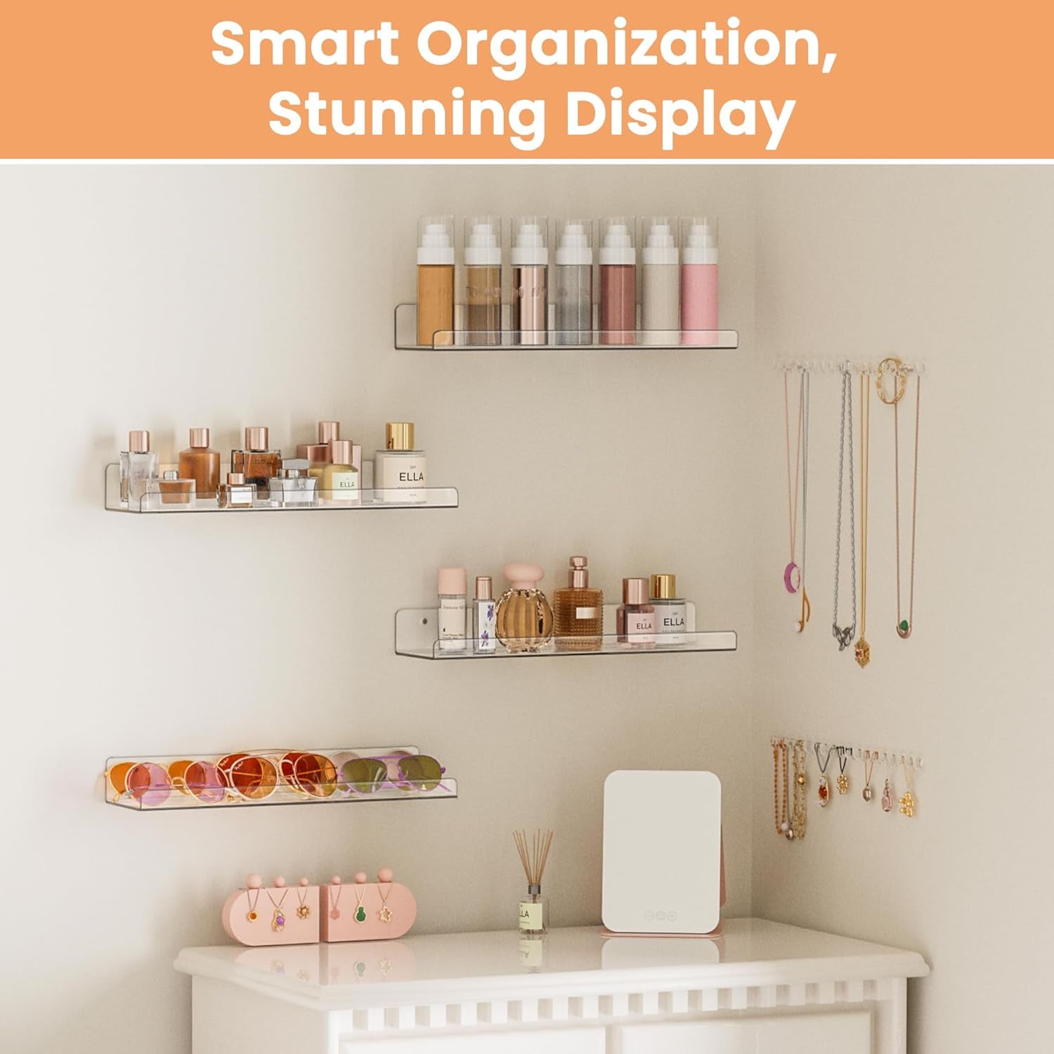 Acrylic Shelves for Bathroom Storage, 15" Floating Shelves Wall Organizer for Perfume, Make Up, Skincare, Kids Bookshelf for Bedroom, Nursery, Living Room Decor, Clear, 4 Pack