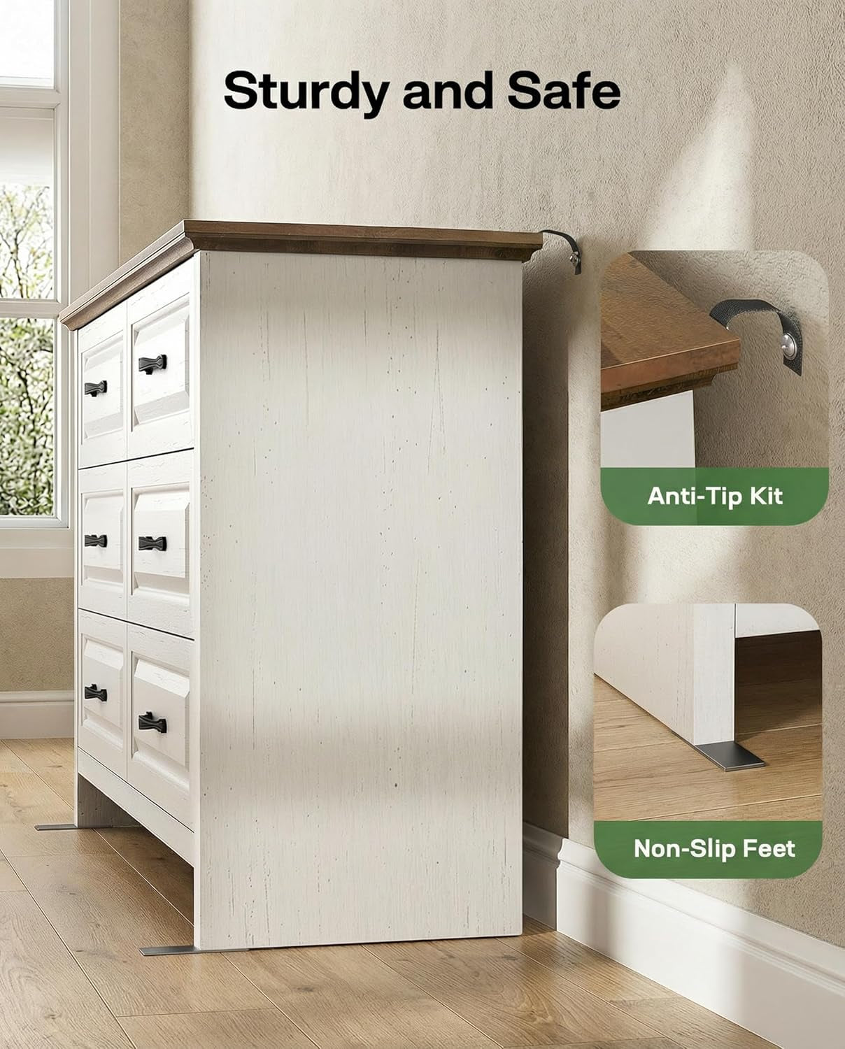 Farmhouse 6 Drawer Dresser, Wood Chest of Drawers with Natural Texture, Smooth Gliding Drawers, Versatile Storage Organizer Cabinet for Bedroom & Living Room, White and Brown