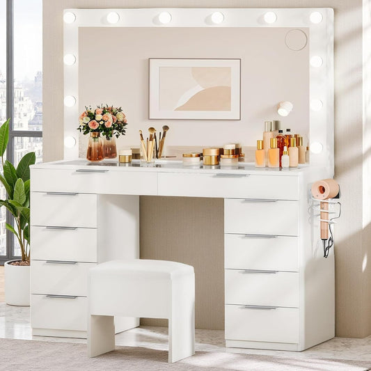 46'' Glass Top Makeup Vanity with 10 Drawers, Vanity Desk Set with Large LED Mirror, Built-In Charging Station & Cushioned Storage Chair, Dressing Table with 3-Color Light Modes, Cream White