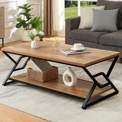 Coffee Table, Rustic Rectangle Coffee Table with 2-Tier Storage, Engineered Wood Center Table with Open Shelves, Minimalist Coffee Table for Living Room, 47 Inch, Oak Brown