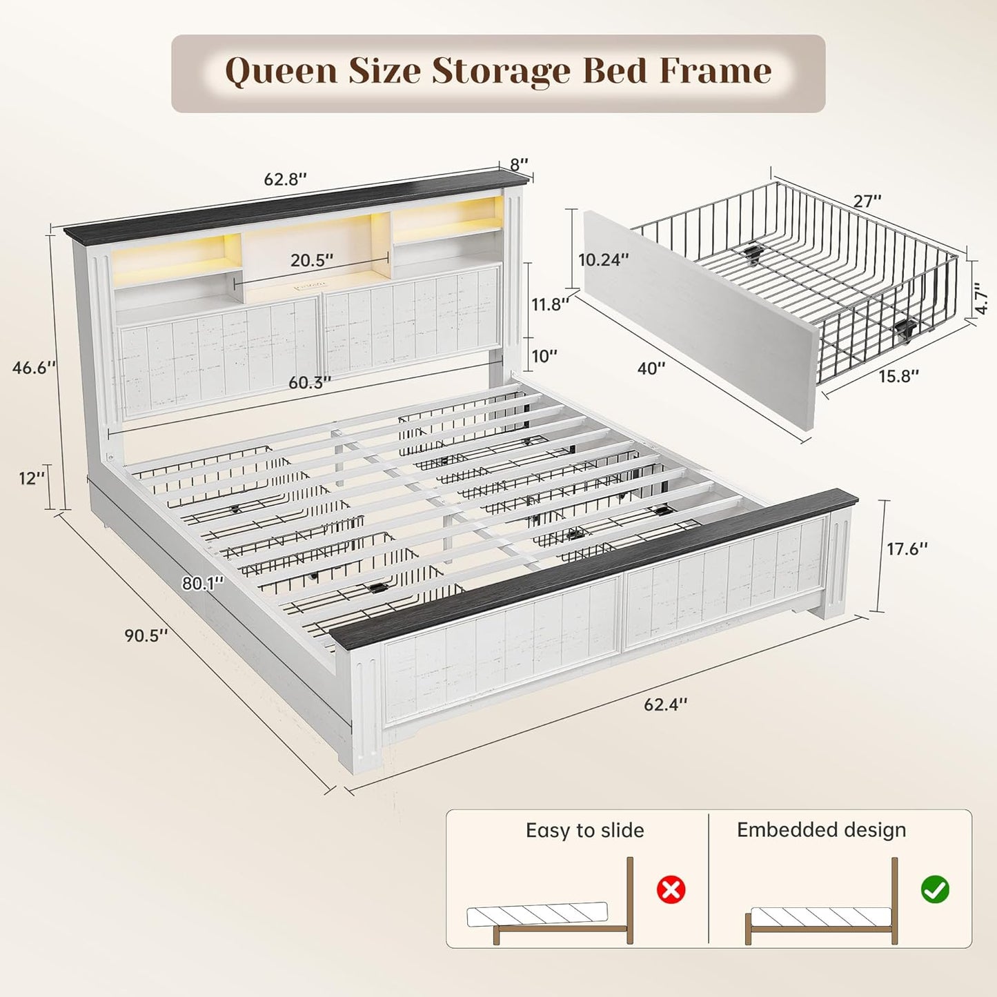 Queen Bed Frame with Headboard and Storage, 4 Drawers and LED Built in Charging Station Bed Frame Queen Size with Storage Farmhouse, NO Noise,No Box Spring Needed, White