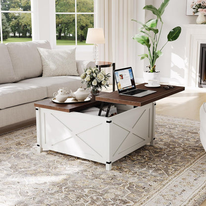Hydraulic Lift Top Coffee Table with Hidden Storage, Farmhouse Industrial Style Accent Table, Sturdy Wood & Metal Construction, Safe Lift Mechanism, for Living Room Office
